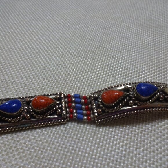 Tribal BLUE LAPIS & RED CORAL Handmade Sterling Bracelet 7 1/2" #889B - Picture 1 of 4